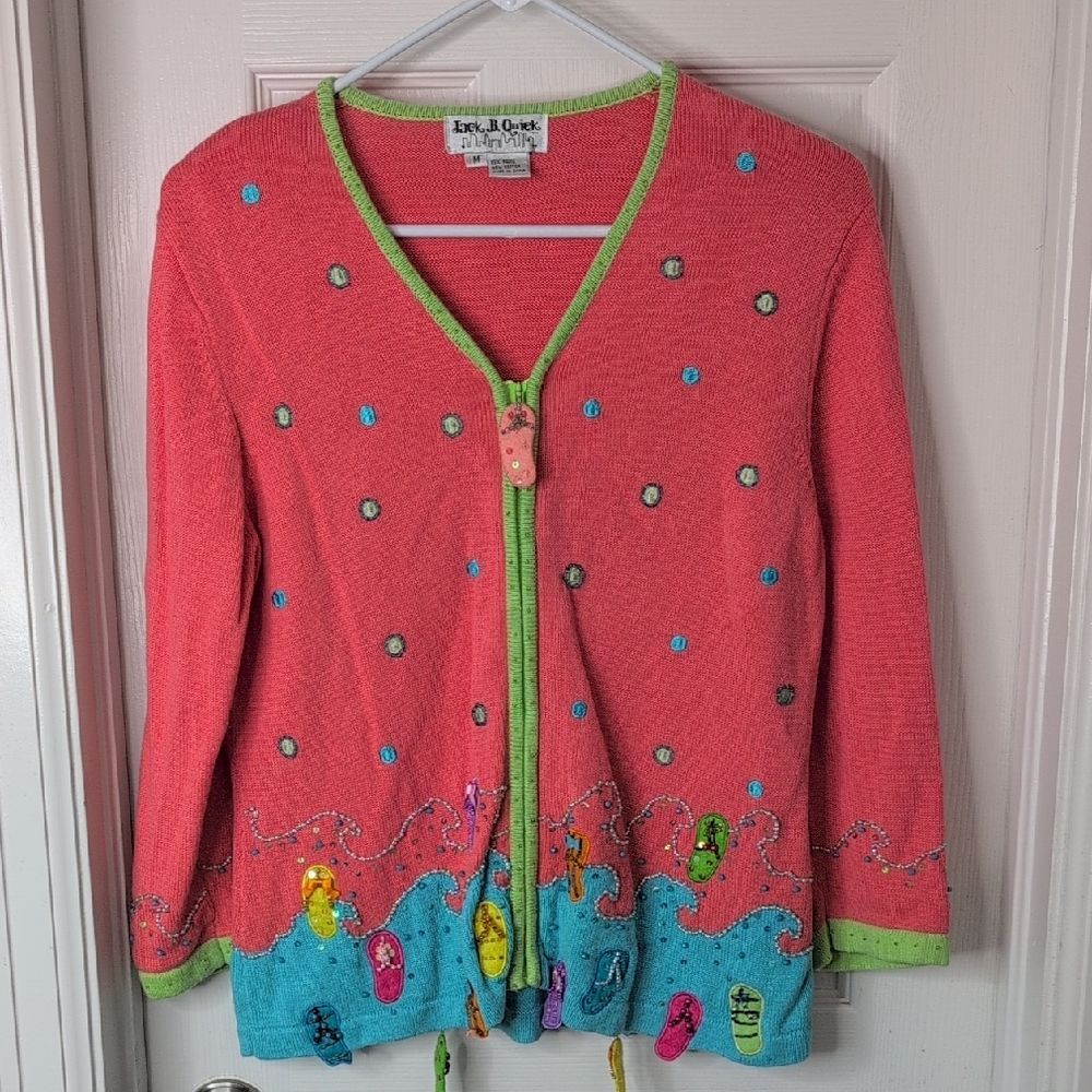 Vintage Colorful Women's Zip Up Cardigan with Embellishments